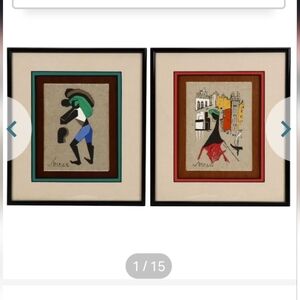 Virgilio Nabais Stylized Figurative Acrylic Paintings, Mid-Century Mod Circa1960